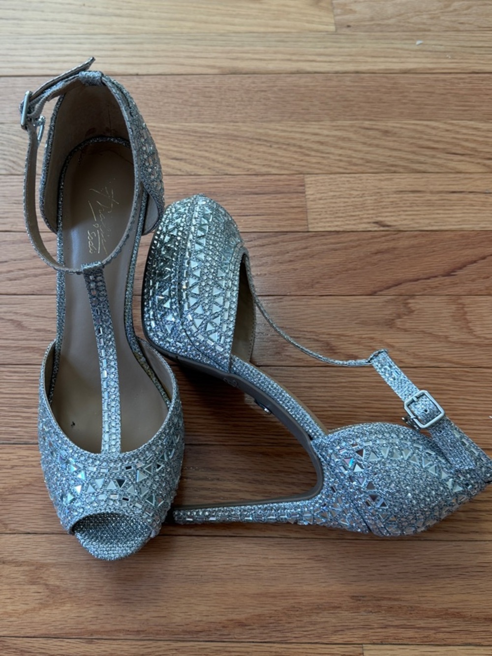 Thalia Sodi Silver T-Strap Crystal Peep-Toe Heels